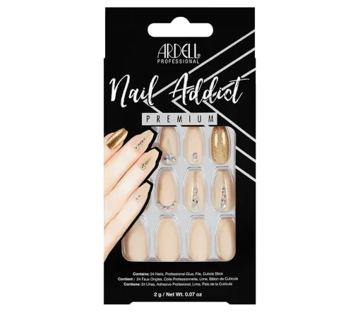 Nail Addict Premium Artificial Nail Set, Nude Jeweled Coffin, 24pc