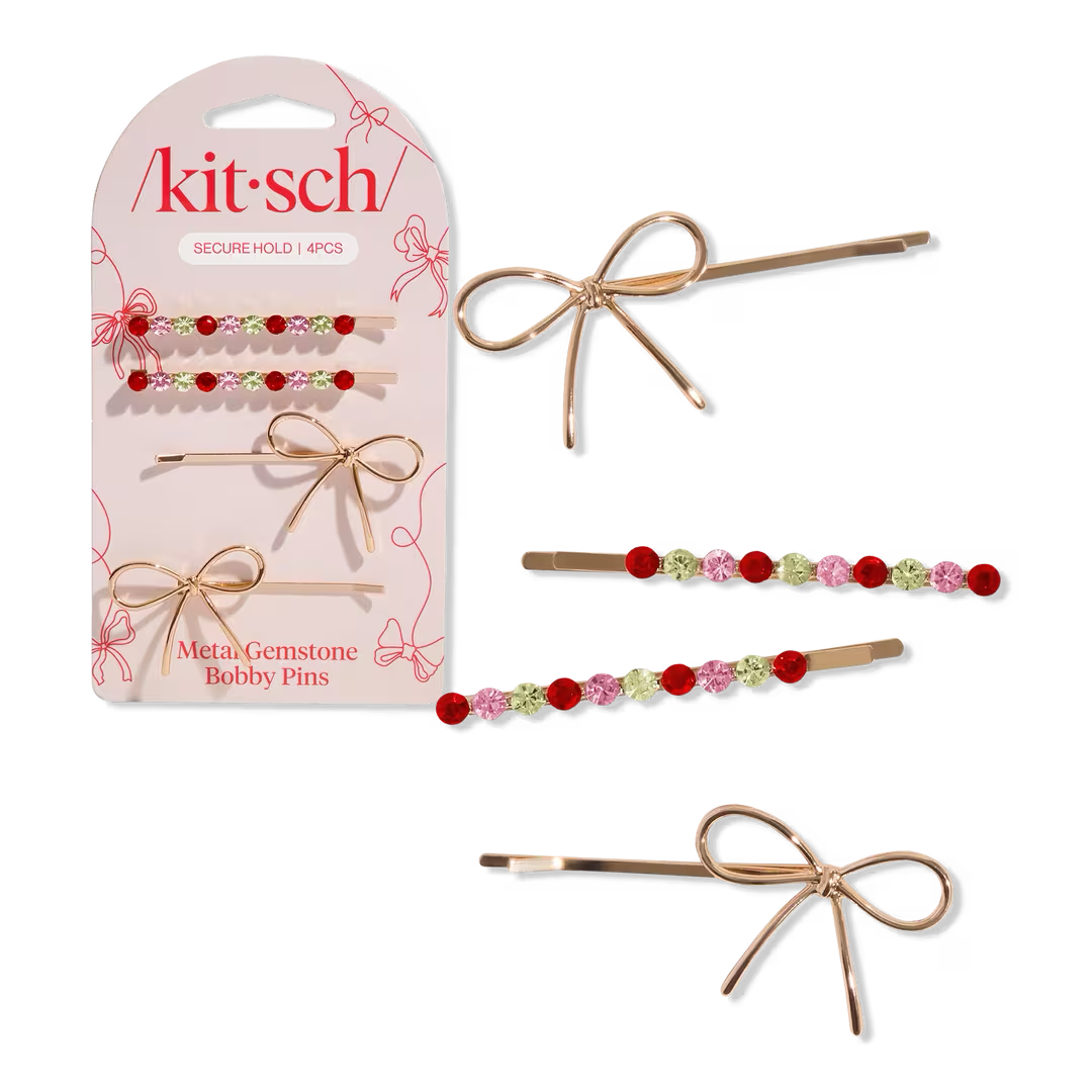 Metal Gemstone and Bow Bobby Pins 4 Piece Set