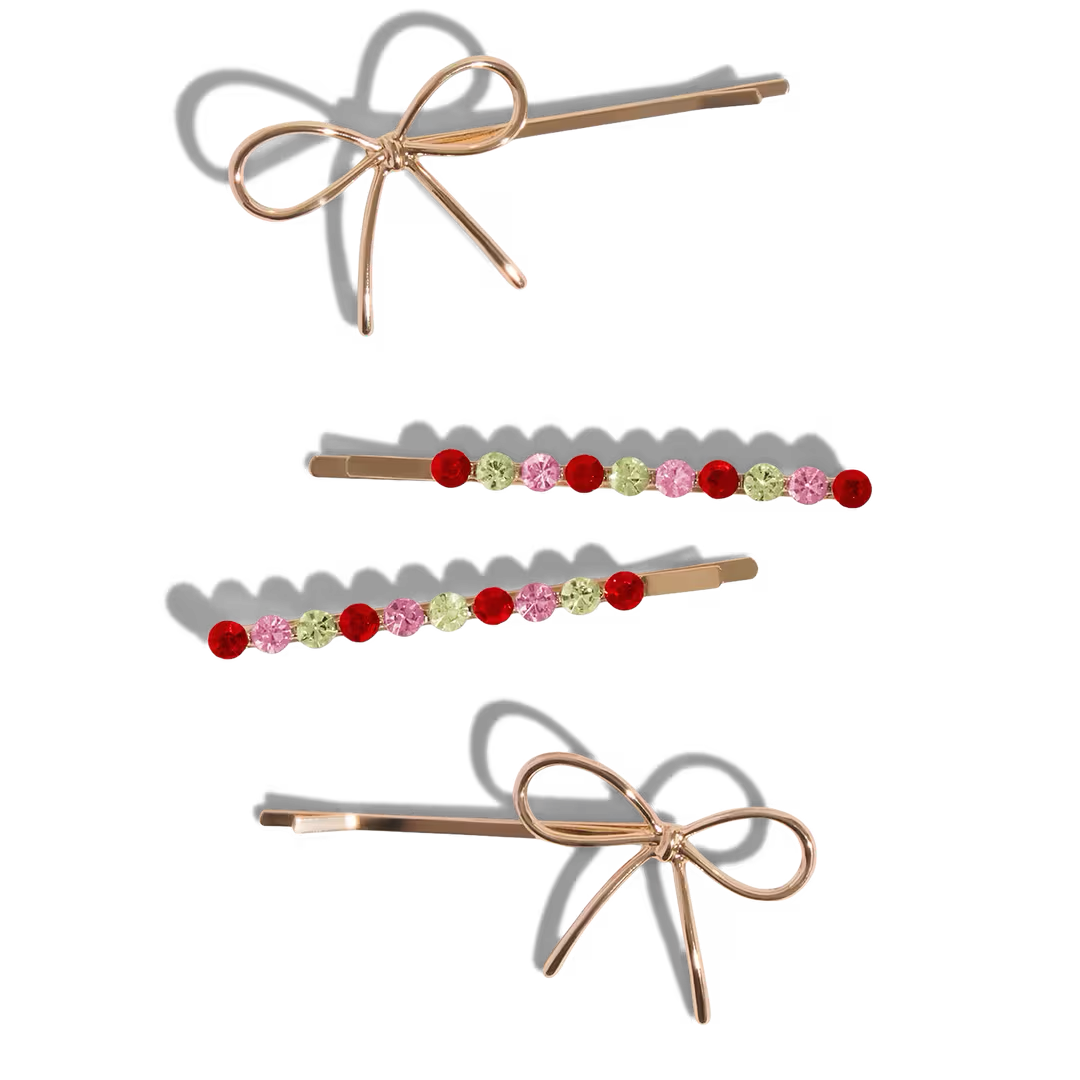 Metal Gemstone and Bow Bobby Pins 4 Piece Set - Image 4