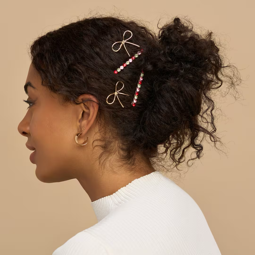 Metal Gemstone and Bow Bobby Pins 4 Piece Set - Image 3
